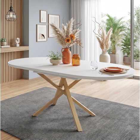 Table à manger extensible ronde 4 à 6 places 100/140 × 100 cm, plateau blanc aspect bois, piétement croisé en métal, style moderne – CHICFURN (1/5)