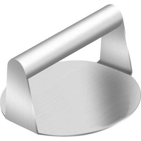 Pressa per hamburger, superficie antiaderente, impugnatura ergonomica, colore argento, forma circolare. (1/2)