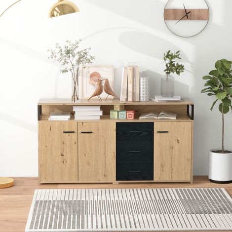 FLORAGRACE Sideboard industriel 3 portes et 3 tiroirs, meuble de rangement multifonction, avec étagères ouvertes, poignées métal, 150 x 35 x 75,9 cm, noir et bois (1/5)
