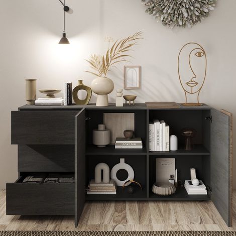 Credenza Carinola, Madia 2 Ripiani, 3 Cassetti Made in Italy, 2 Ante, 181x44x84h cm Marrone Noce (1/5)