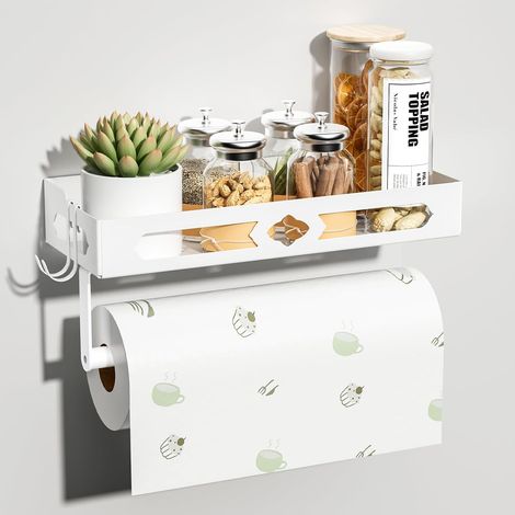 Étagère à épices murale avec porte-rouleau de cuisine et crochets, sans perçage, organisateur d'épices pour cuisine, blanc (1/5)