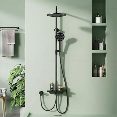 Système de douche effet pluie murale – Robinetterie cuivre – Tête pluie ronde 250 mm – Douchette à main 3+1 fonctions – Grand étagère 27 cm – Barre réglable – Finition noire mat/chromée – Variante : d (1/5)
