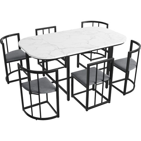 Set tavolo da pranzo con 6 sedie bianco, piano in MDF, struttura in metallo nero (1/5)