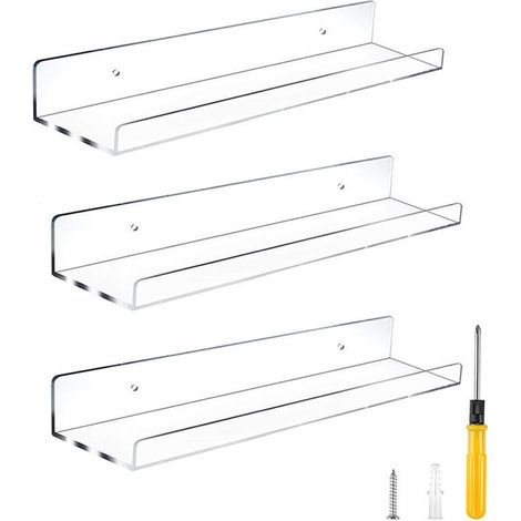 Estante flotante de acrílico - 38 cm - Estante de pared para baño y expositor de juguetes pequeños - Transparente - 3 unidades (1/5)