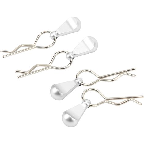 Quatre clips métalliques pour carrosserie de voiture télécommandée avec languettes de traction, adaptés aux pièces de mise à niveau des voitures télécommandées 1/8 et 1/10, argentés. (1/5)