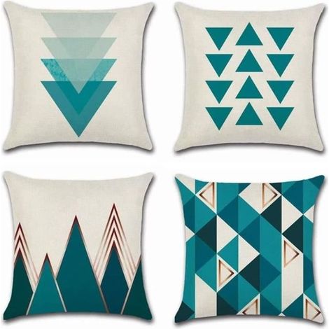 4 Pcs Housses de Coussin 45 x 45 cm, Carré Décoratif Taie d\'oreiller Canapé Housse Coussin Bleu Triangle Imprimé Motif Géométrique (1/4)