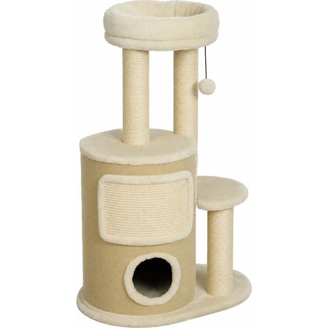 PawHut Tiragraffi Gatti 90 cm Multilivello con Cuccia e Grotte, Beige (1/5)