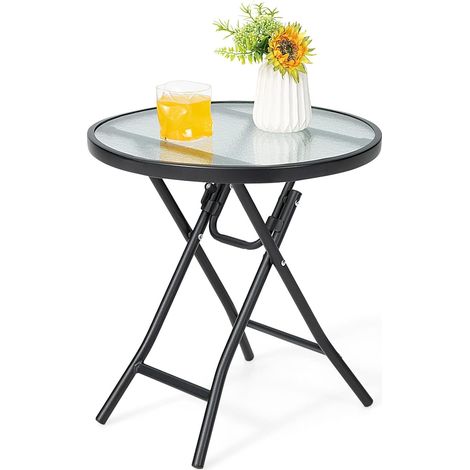 Goplus – Table de jardin ronde pliante en verre 46,5x46,5x47cm – Charge 50kg – Cadre en acier – Dessus en verre trempé ondulé – Pour terrasse et balcon - 50KG-Cadre (1/5)