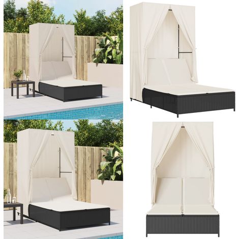 Doppel-Sonnenliege mit Dach und Vorhängen Schwarz Poly-Rattan - Doppel-Sonnenliege - Liegeplatz Im Freien - Gartenmöbel - Sonnenschutz - Outdoor Lounge - Home & Living (1/5)