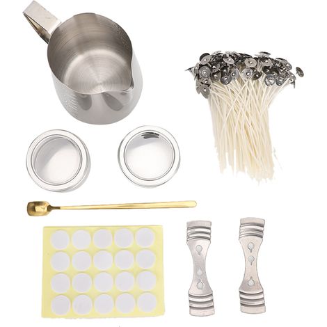 Kit de fabrication de bougies DIY : pot verseur inox, support de mèche, bocal carré et cuillère (1/5)