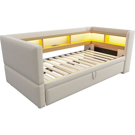 Divano letto convertibile 90/180 x 190 cm beige con LED, prese e vani, MODENUIT (1/5)