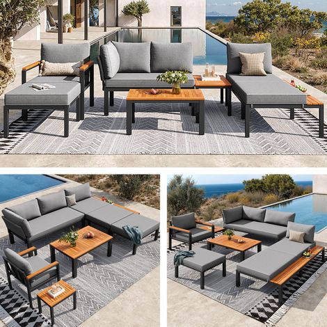 Ensemble salon jardin modulable gris structure métallique coussins respirants tables bois terrasse balcon piscine