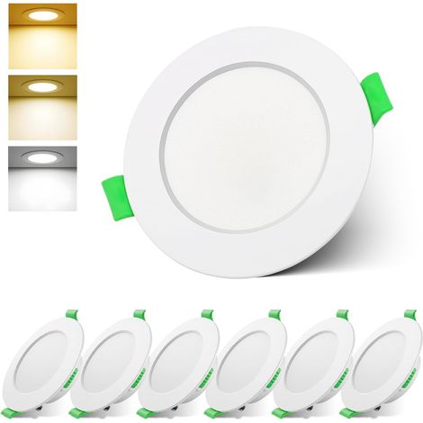 Spot LED Encastrable, 7W Spot Led Dimmable 230V IP44, Diamètre du Trou Φ75-90mm, Diamètre 100mm, 3000K 4000K 6000K Réglables, spots de plafond Pour Salle de Bain Salon, Lot de 6, Rond, Blanc (1/5)