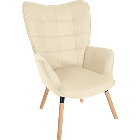 Poltrona lettura lounge camera da letto imbottita tessuto crema rivestimento gambe in legno 100003623