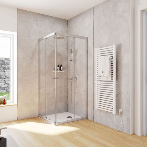 Accès d'angle droit avec parois portes de douche coulissantes, 75-90 x 75-90 x 180 cm, verre 4 mm, Sunny Schulte, verre transparent, profilé argenté