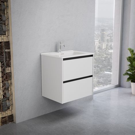Inda - Badezimmerschrank 2 Schubladen B.60 mit glänzendem Waschbecken / Mattweiß - Smeraldo (1/5)