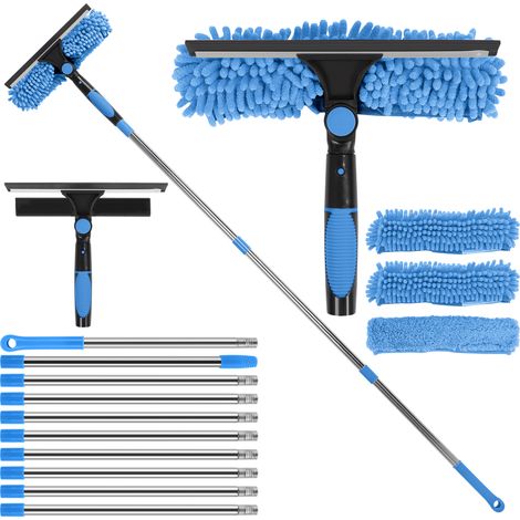 Kit de nettoyage de vitres extra long 2 en 1 extensible de 4,5 m avec raclette en microfibre pour fenêtres hautes, murs et voitures (blue) (1/5)