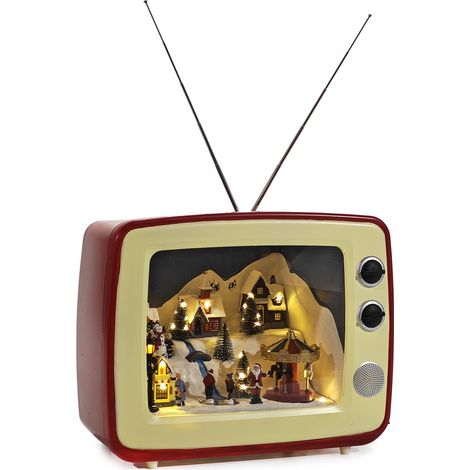 Scenario Natalizio in TV Vintage con Luci Movimento e Musica – Villaggio Innevato in Televisore Antico con Antenne – Decorazione DI NATALE Luminoso 38x31x22 cm