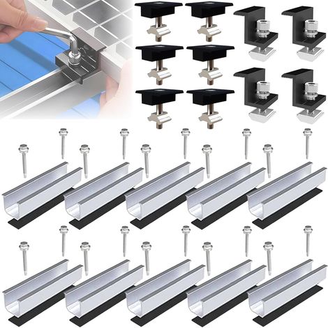 Kit de Montage pour Panneau Solaire - Rails de 12 cm, Support Réglable en Aluminium pour Toit en Métal ou Plat, Noir, pour Panneaux Épais 30-35 mm (1/5)