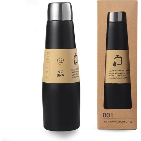 Botella de agua de acero inoxidable con tapa, botella reutilizable de 532 ml con aislamiento metálico a prueba de fugas para deportes, viajes, gimnasio, campamento (negra) (1/5)