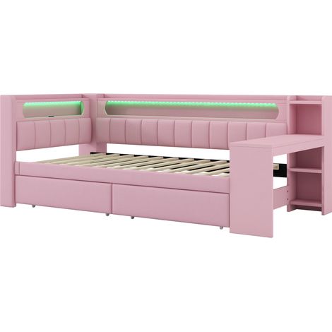 Cama de descanso tapizada 90 x 200 cm con USB, LED, escritorio y 2 cajones, rosa MODENUIT (1/5)