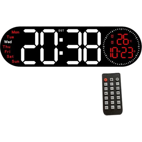Grande horloge murale LED avec télécommande, fonction compte à rebours, deux alarmes et affichage de la température, idéale pour les étudiants et les professionnels. Rouge. (1/5)