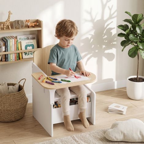Bureau Chaise Enfants Bac Rangement, Table Activité 2 en 1, Dessin Jeux, Blanc (1/5)