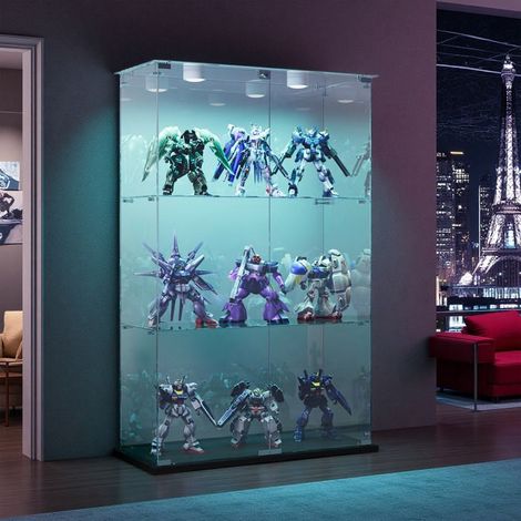 Vetrina in vetro LED, porte doppie, 3 ripiani, armadio di presentazione per salotto, per collezione, 123 x 78 x 35cm, Nero