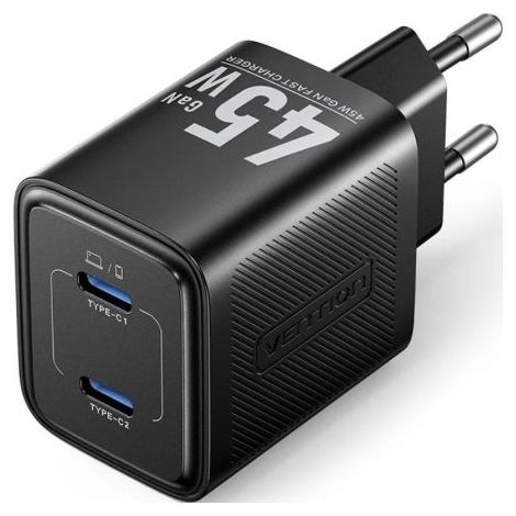 Cargador de Pared GaN Vention FEFB0-EU 2xUSB-C 45W Negro