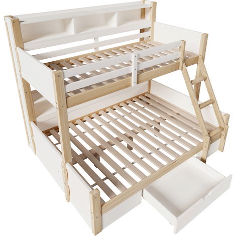 CAIziLit superposé, 90x200cm+140x200cm, échelle, garde-corps, plusieurs casiers ouverts, position de l’échelle optionnelle, 1 tiroir, bande lumineuse LED, sans matelas, blanc + naturel (1/5)