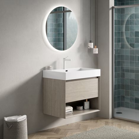 Mobile bagno sospeso 70x46x60 cm in legno effetto rovere chiaro e bianco, con contenitore FloraGrace (1/5)