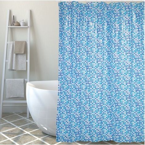 Rideau de douche PVC MOSAIQUE 180x200cm Bleu - Anneaux inclus MSV