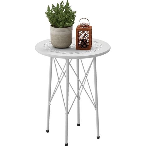 Table of garden round in steel, pattern floral and feuillagé, feet adjustable and structure in X, MM 40 x 50 cm, white (1/5)