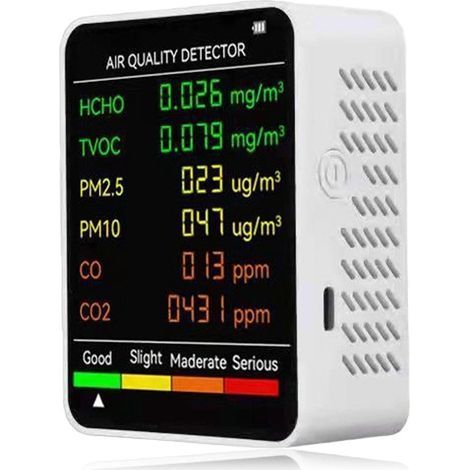 Appareil de mesure de la qualité de l'air Longziming 6 en 1 – PM2.5, PM10, HCHO, TVOC, CO, CO2, écran LCD, portable pour la maison et le bureau