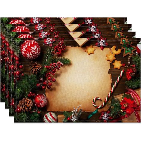 Placemat - 12 x 18 Pouces - Linen Rustique Imprimé Noël - Polyester 100 % - Lavable en Machine - Lot de 4 (1/5)