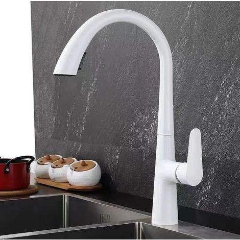 Robinet de cuisine, mitigeur avec douchette extractible, blanc, pivotant à 360°, robinet de cuisine, laiton, robinet de cuisine extractible, blanc (1/5)