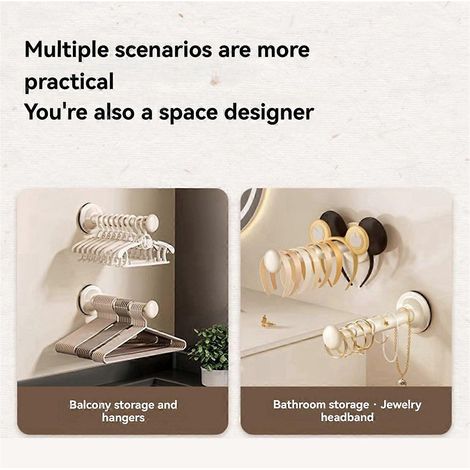 2pcs Ventouse Crochet Penderie Rangement Laiton Blanc Organisateur Suspendu (1/5)