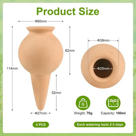 EXLECO 4pcs Cône D'arrosage Argile 100ml, Arrosage Terre Cuite Globe D'Irrigation Oyas a Enterrer Système D'Irrigation Automatique Reserve Eau Plante Intérieur & Extérieur pour Vacances Énage Bureau (1/4)
