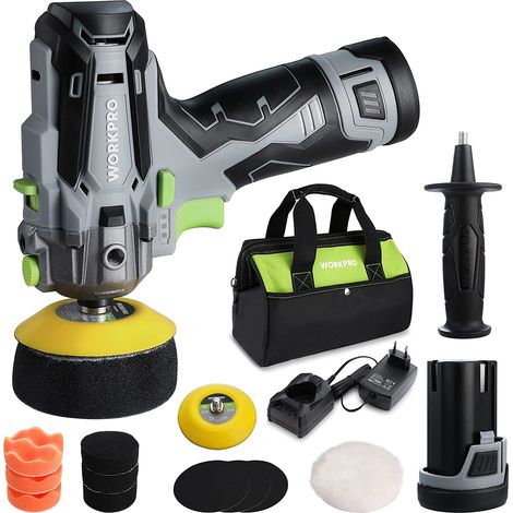 Workpro – Mini polisseuse sans fil 12V – 7500 tr/min – 2 batteries 2.0Ah – Charge rapide 1h – Diamètre 75mm – Accessoires pour voiture et meubles