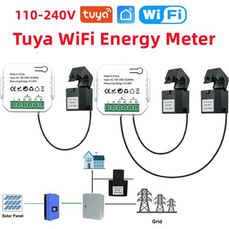 Tuya Misuratore di Energia Bidirezionale Smart WiFi con Pinza  Tuya Switch + 2 Pinze 80A