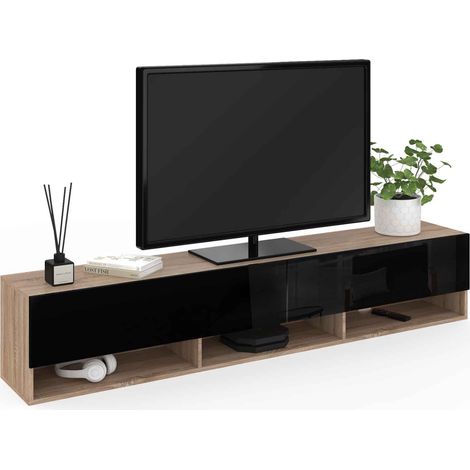 Idmarket – Meuble TV suspendu 180 cm ELIO – 2 portes abattantes – Étagères bois et noir – Pour téléviseur jusqu'à 70 pouces