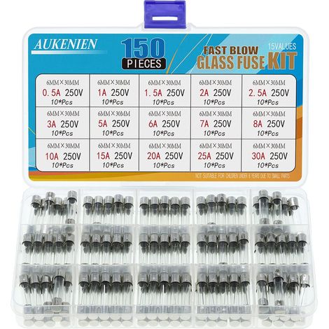 15 Valeurs 150 Pièces 250V 6x30mm Fusible Verre 0,5A 1A 1,5A 2A 2,5A 3A 5A 6A 7A 8A 10A 15A 20A 25A 30A Ampère Kit D'assortiment de Fusibles en Voiture à Fusion Rapide pour Électroménager (1/5)