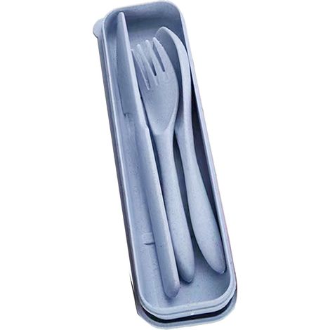 Kreatives dreiteiliges tragbares Essgeschirr-Set aus Weizenstroh mit Messer, Gabel und Löffel – nordisch-blaue Box (1/5)
