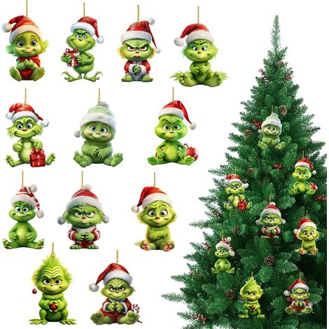 Decoraciones navideñas, colgantes acrílicos del Grinch, 12 piezas, árbol de Navidad, fiesta navideña, ambiente luminoso (1/4)