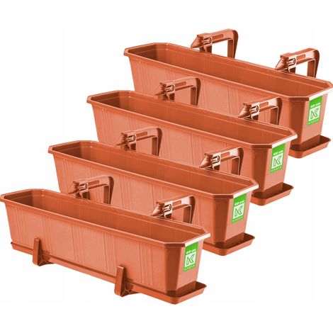 KADAX Juego de maceteros de plástico para balcón - Macetero para flores y hierbas - Macetero duradero para balcón - para balcón - 4 x 60 cm - Terracota (1/5)