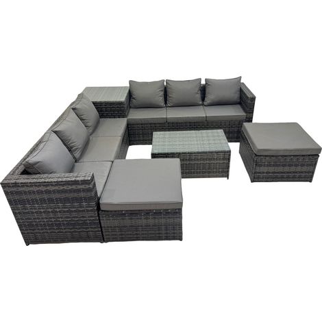 Fimous 8 Seater Garden Outdoor Rattan Furniture Set Patio Corner Sofa Rectangular Coffee Table with Side Table 2 Big Stool Dark Grey (1/5)