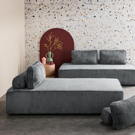 Lot de 2 chauffeuses LAO 2 places pour canapé modulable velours côtelé gris foncé. L 180 x P 90 x H 78cm (1/5)