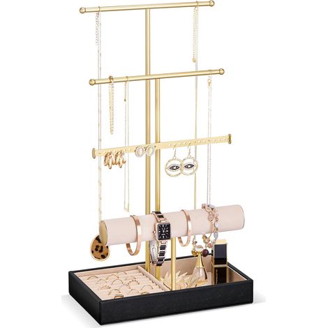 Porte Bijoux avec Plateau Velours, Présentoir Colliers, Bracelets, Boucles d’Oreilles, Bagues, Support Bijoux en Métal -Noir (1/5)