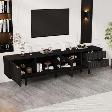 Mueble TV 200 x 40 x 50,5 cm con 2 puertas y 2 cajones, vidrio templado, negro HAVRYA (1/5)