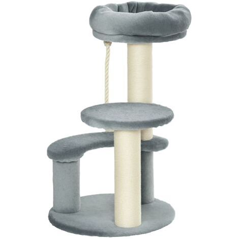 Arbre à chats 2 griffoirs grattoirs sisal naturel 3 plateformes corde à grimper dim. Ø 40 x 65H cm peluche haute densité 500 g/m² gris